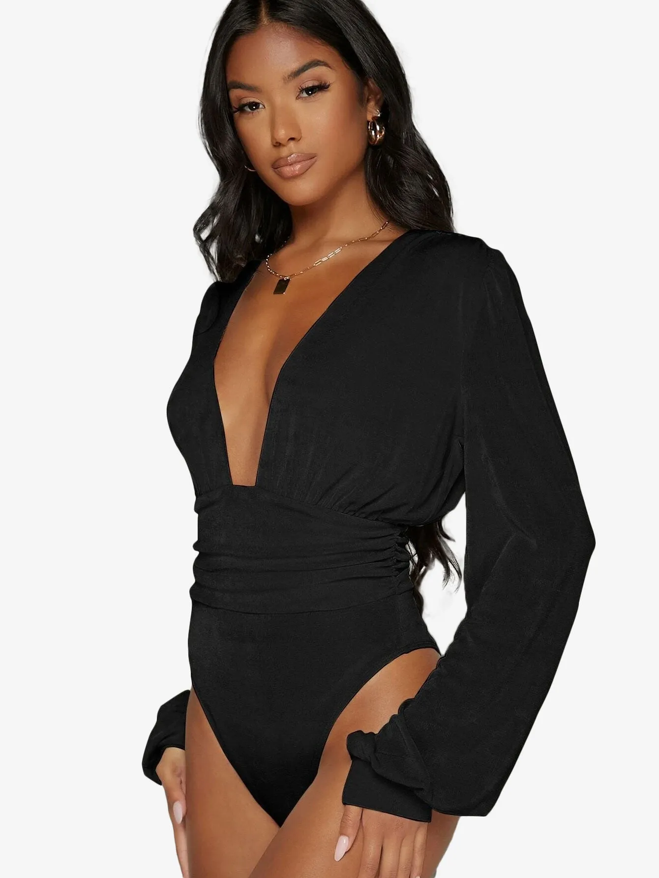 Arouse Plunging Neck Lantern Sleeve Bodysuit