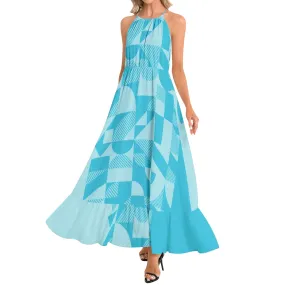 Bauhaus Blue Ruffle Hem Halter Neck Maxi Dress
