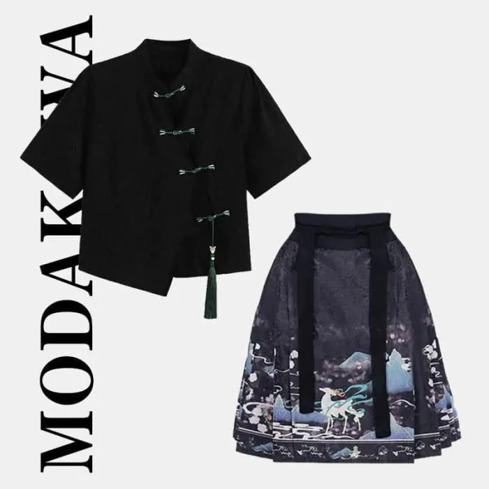 Black Vintage Buckle T-Shirt Pleated Mini Skirt