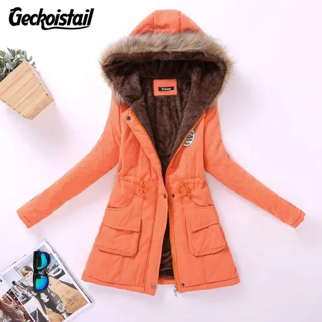 Geckoistail Parkas Women Coats Fashion Autumn Warm Winter Jackets Women Fur Collar Long Plus Size Hoodies Casual Cotton Outwear