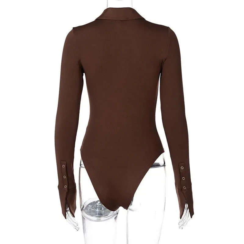 Long Sleeve Buttons Contrast Collar Flare Sleeve Bodysuit