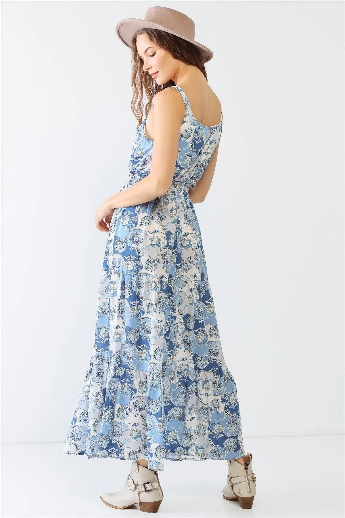 Paisley Strappy Self-Tie Smocked Flare Hem Maxi Dress