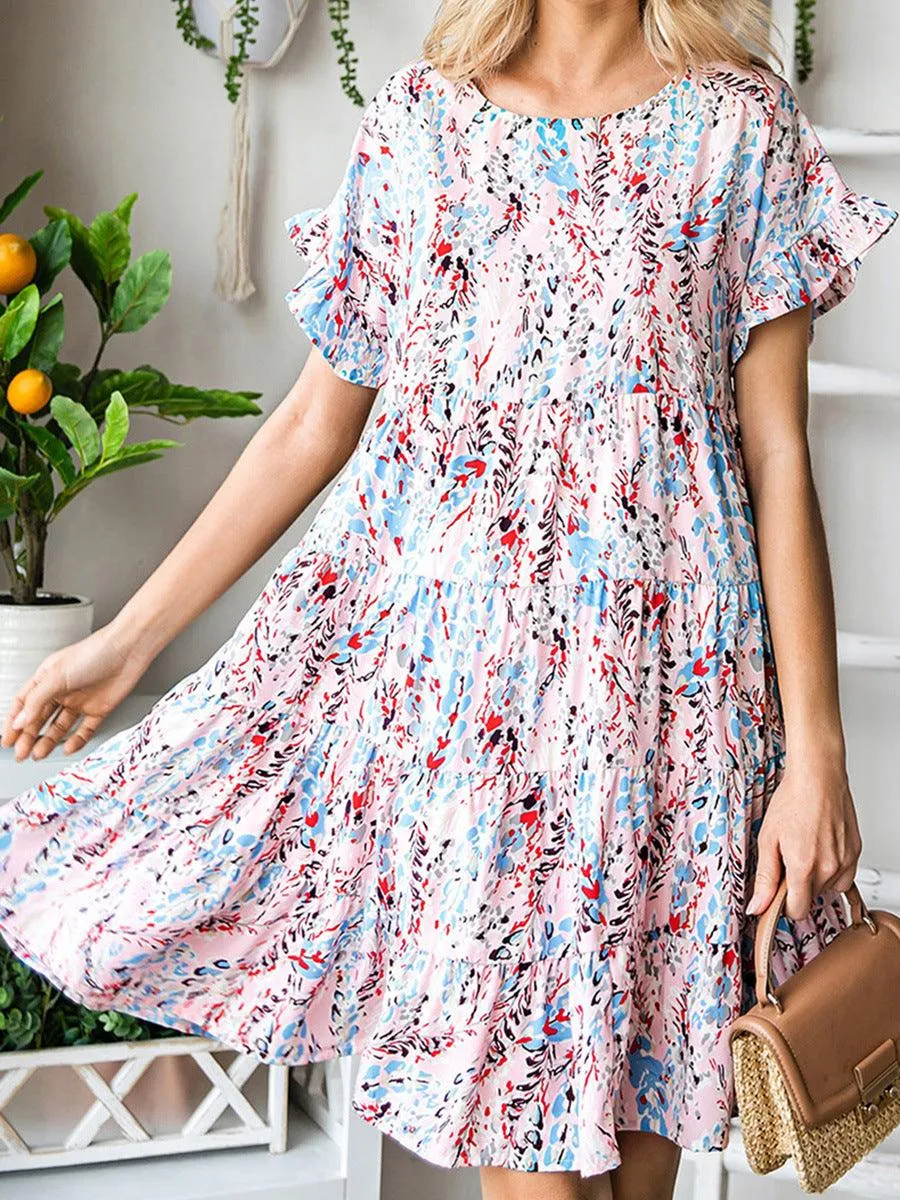 Short Sleeve Printed Dress Summer Casual Layered Ruffles