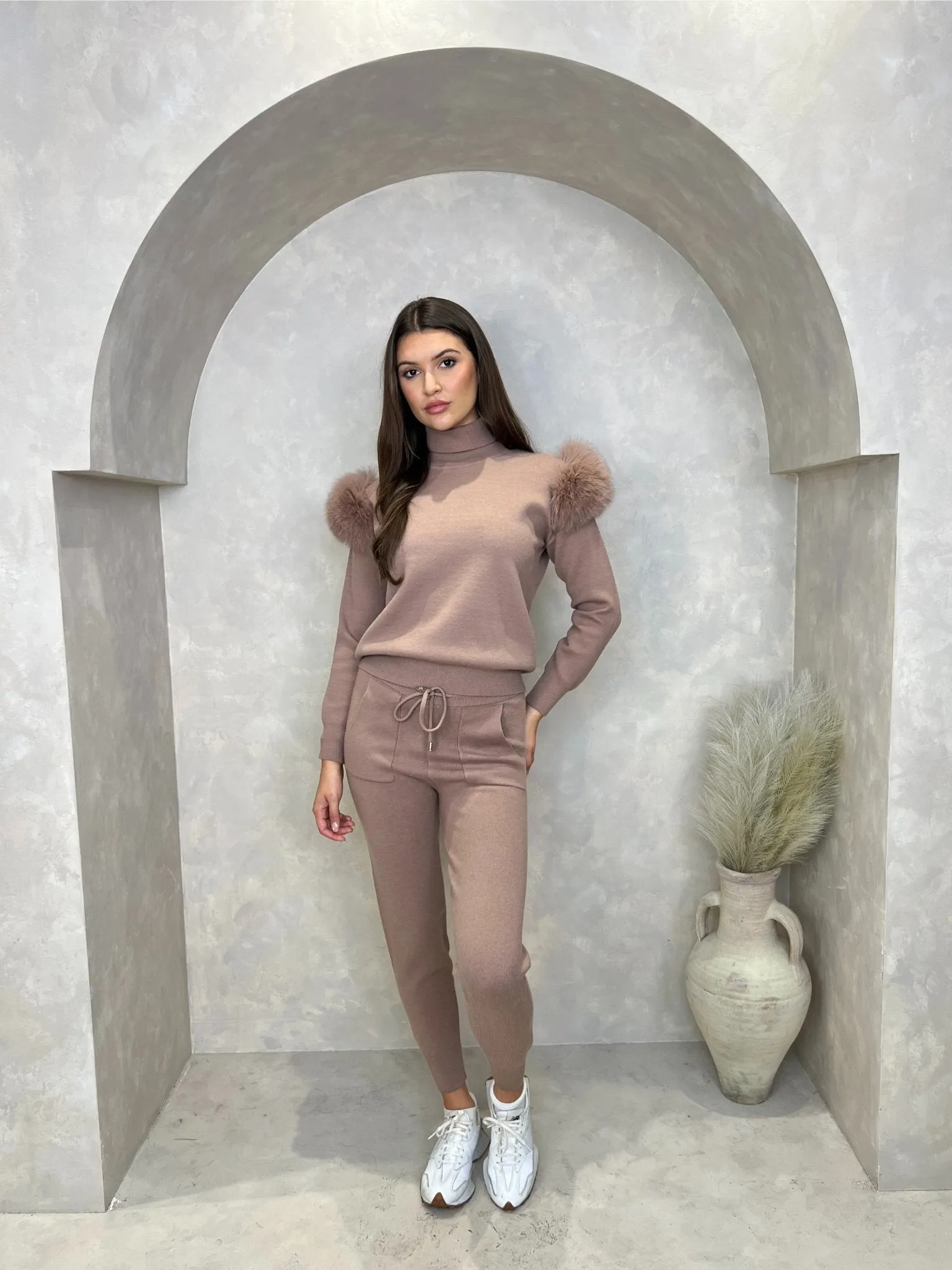Taupe Luxury Fur Roll Neck Jogger Tracksuit