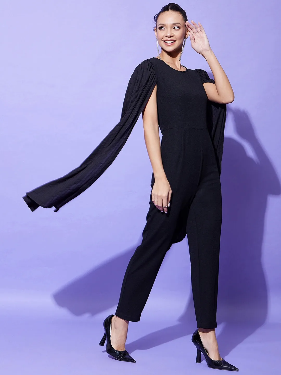 Women's Black Fitted Jumpsuit With Long Cape Sleeves - StyleStone